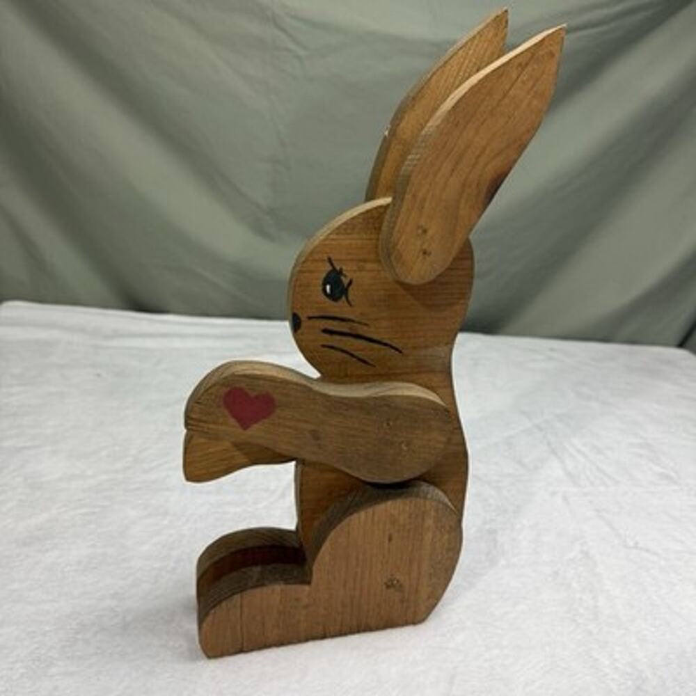 Vtg 80s Hand Painted Wooden Rabbit Bunny Figure Kitschy Folk Art Cottage Prim